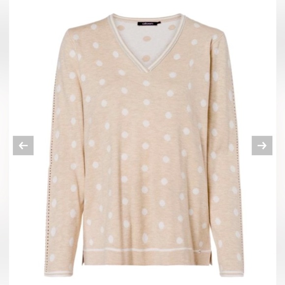 NWT Olsen Germany cotton blend V-neck relax fit womens in cream white polkadot - Picture 10 of 10